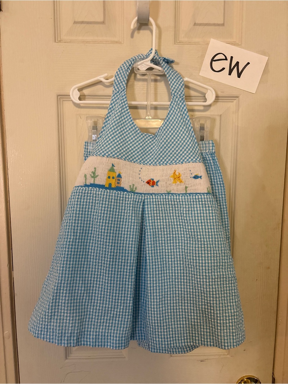 Rare Editions Light Blue Seersucker Halter Dress with Embroidered Sea Band